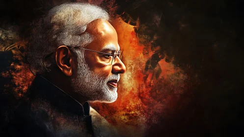 Elder leader profile glows against fiery abstract light.