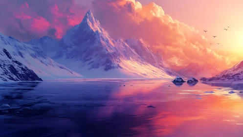 Sunlit alpine glacier glowing in dreamy pastel warmth.