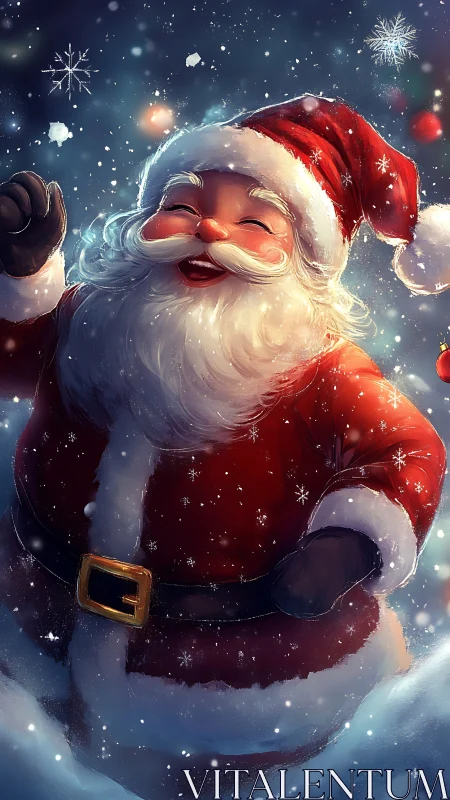 Joyful Santa laughs in a snowy, glowing Christmas night