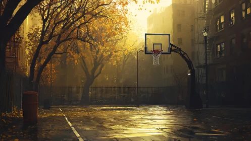 Empty city basketball court under warm autumn light.