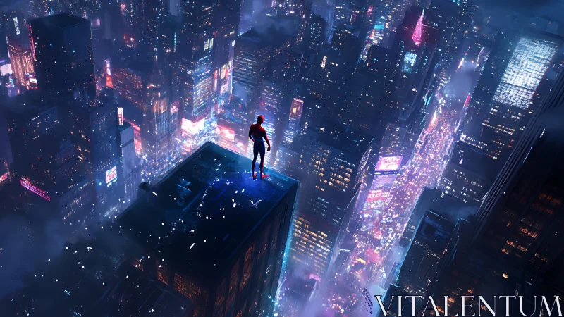 Cyberpunk hero on neon skyline, high-angle digital vista.