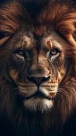 Symmetric frontal lion portrait with high-detail fur rendering.