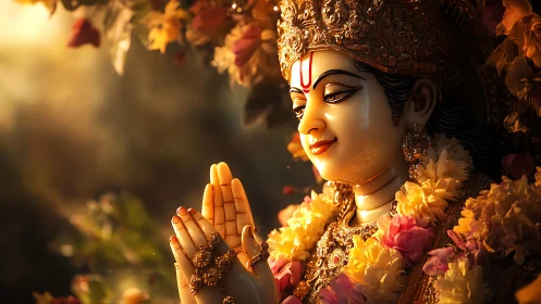 Sacred deity sculpture in floral garland and warm light.