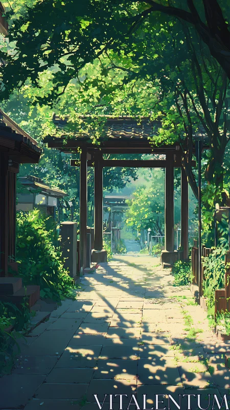 Sun-dappled shrine walkway under whispering summer leaves.