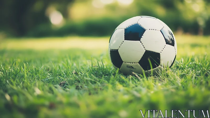 Soccer ball on grass field with shallow depth of field.