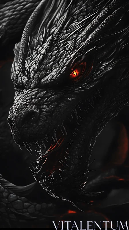 Ashen war-dragon coils in darkness, eye kindled like embers.