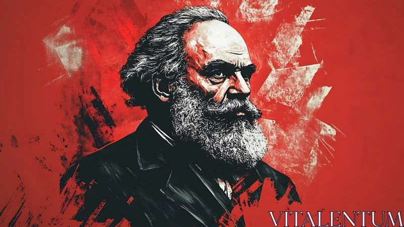 Bearded older man portrait on textured red background.