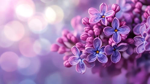 Macro-photographic rendering of lilac blossoms with volumetric bokeh depth-of-field effects