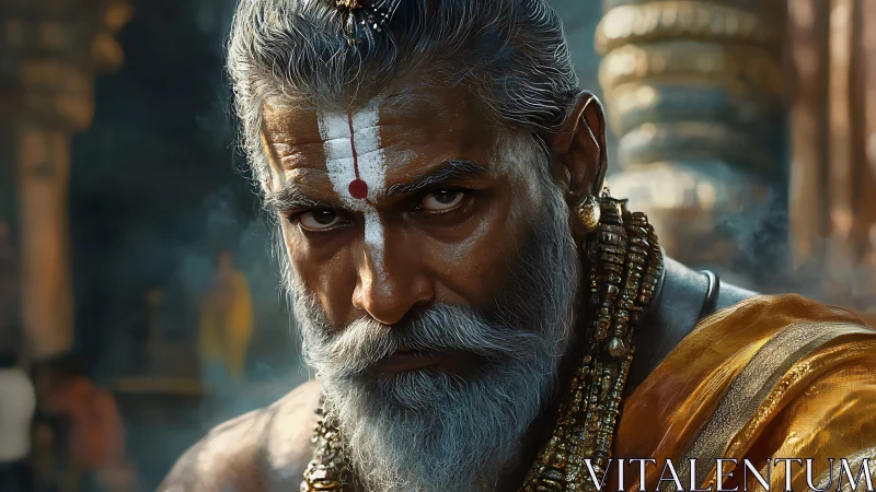 Hyperreal digital portrait of stern elder with ritual tilaka.