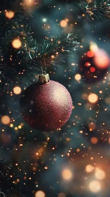 Glittered red bauble on evergreen branch with festive bokeh.