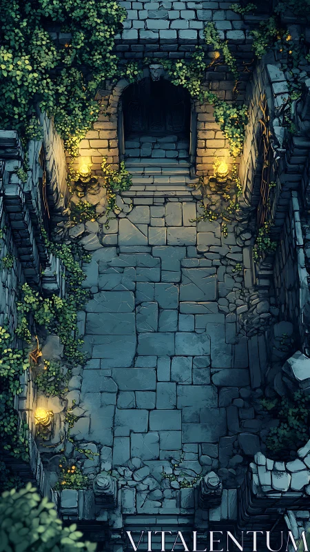 Hidden ivy-lit courtyard leading toward a secret doorway.