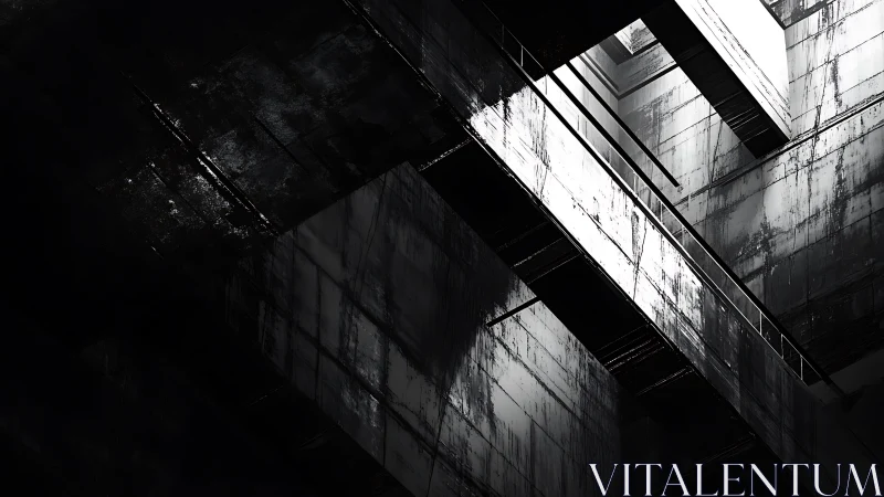 Stark industrial staircase in dramatic black and white abstract style.