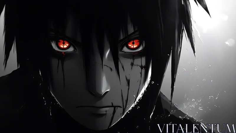 Intense anime warrior with glowing crimson eyes stares ahead.
