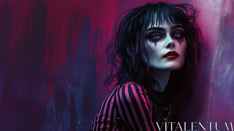 Gothic cyberpunk woman with neon rim lighting and smeared wall