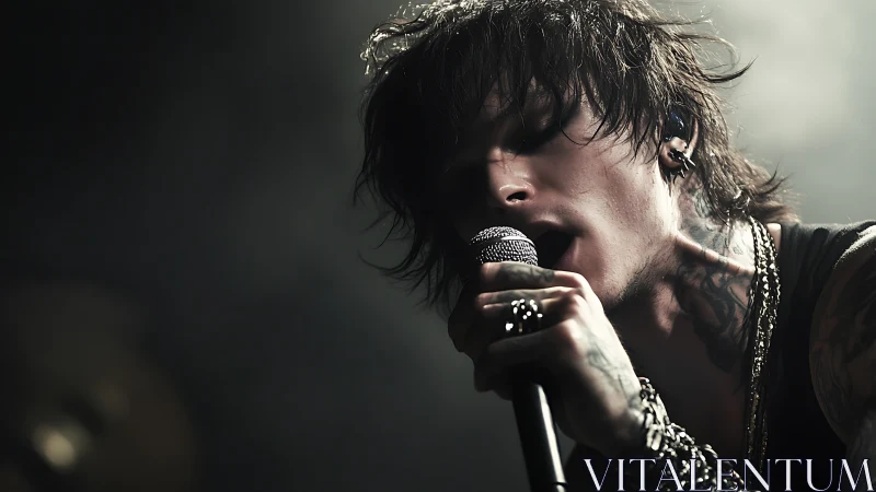 Tattooed rock singer leans into the mic under smoky stage light