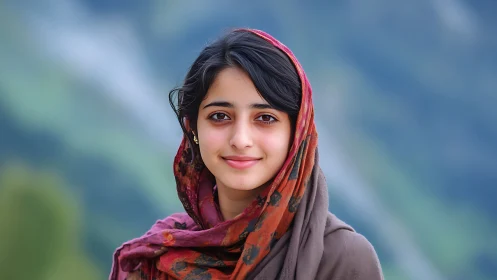 Young Woman in Traditional Scarf with Serene Mountain Backdrop.
