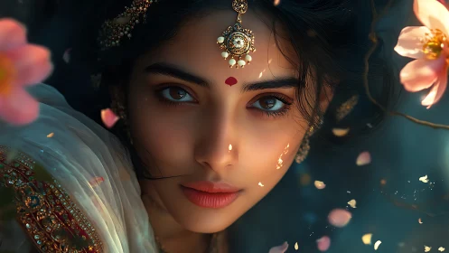 Ornate portrait of jeweled woman in soft bokeh florals