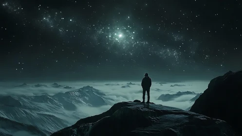 Solitary figure stands on rocky peak beneath dense starfield