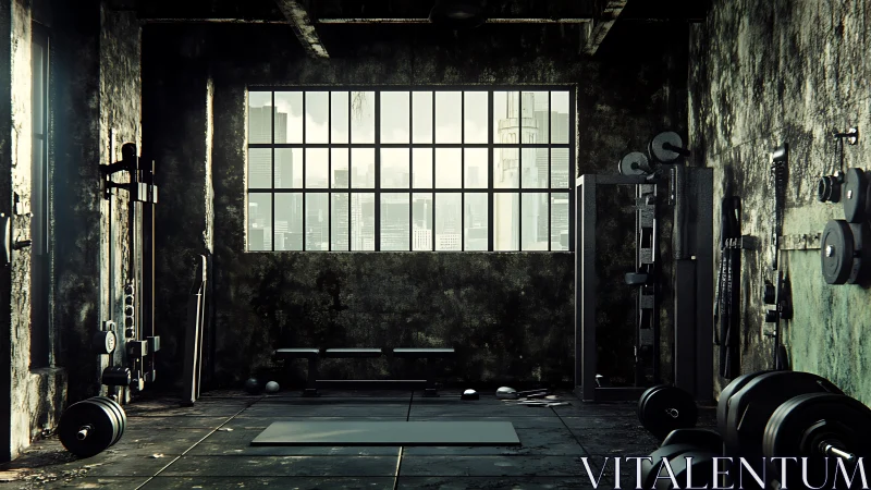 Industrial loft gym interior with city skyline window view.