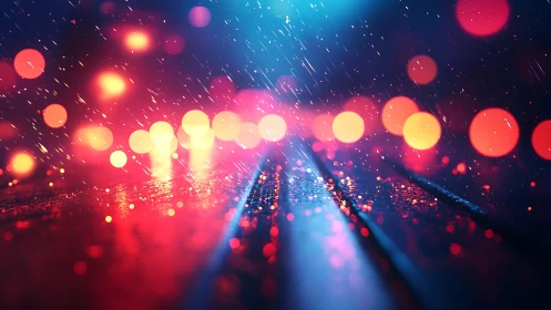 Cyberpunk rain-soaked street with neon bokeh depth of field.