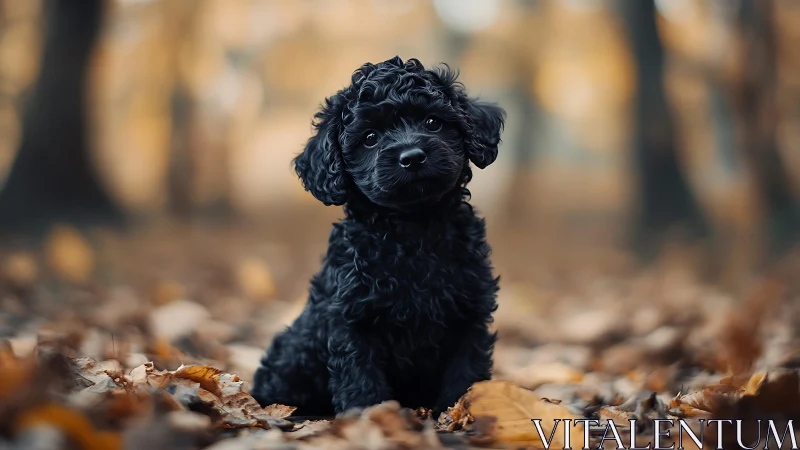 Black curly puppy sits on autumn leaves in soft bokeh forest
