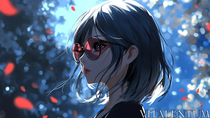 Cool-toned anime girl in red sunglasses amid bokeh light.