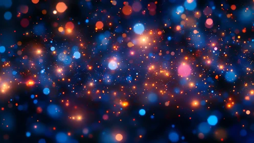 Glowing bokeh particles drift through deep blue abstract space