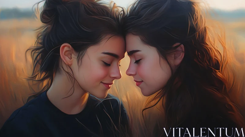 Two figures with dark hair share intimate profile moment against golden sunset landscape.