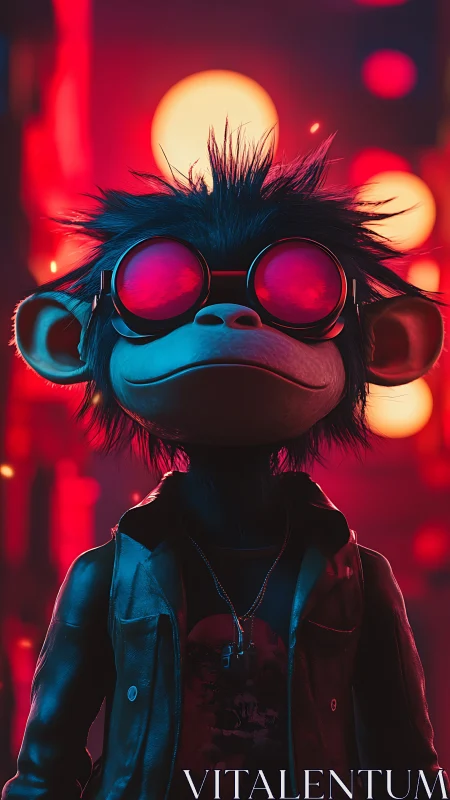 Neon simian antihero portrait in stylized 3D cyberpunk render.