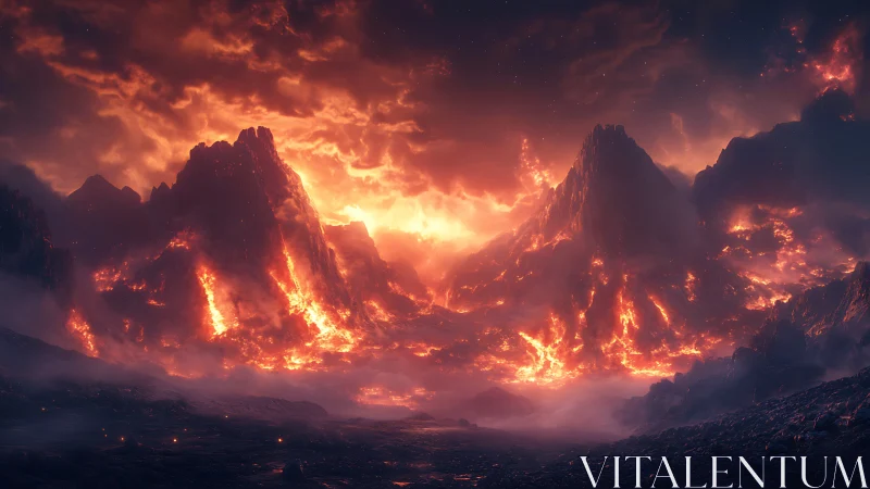 Volcanic mountain range engulfed by luminous lava flows and pyroclastic inferno under apocalyptic sk