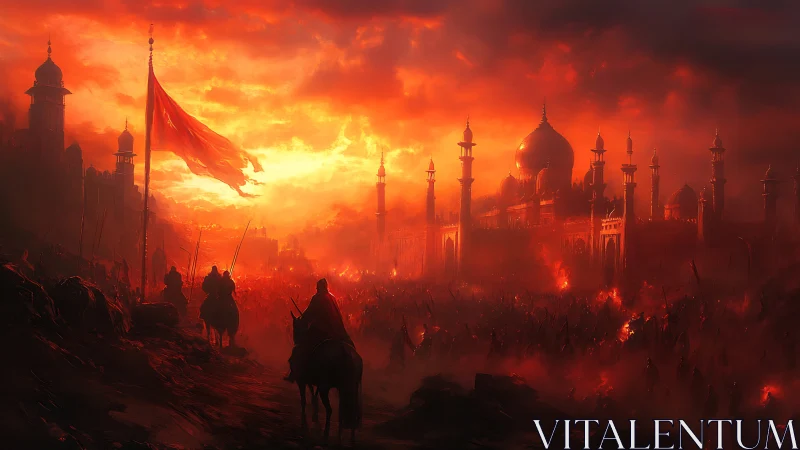 Incandescent siege before domed citadel under combustion sky.