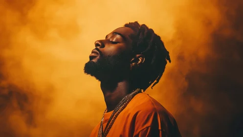 Side-profile portrait in volumetric amber atmospheric lighting.