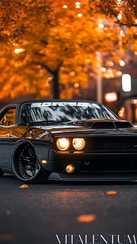 Low-slung black muscle car under vivid autumn streetlights.
