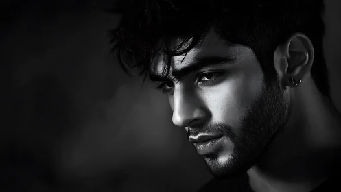 Moody monochrome male portrait with dramatic side lighting.