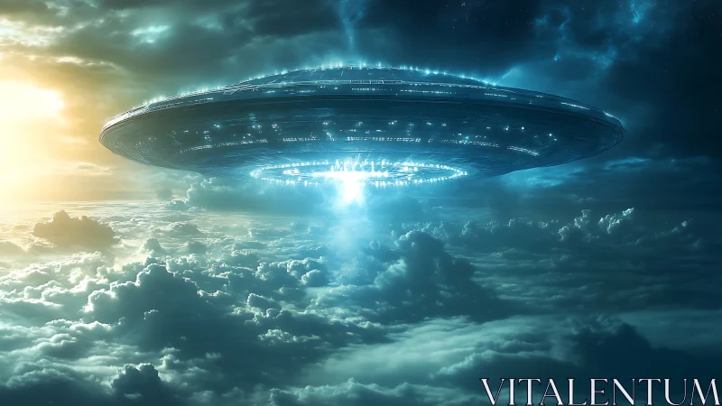 Massive luminous alien mothership hovering above stratoclouds