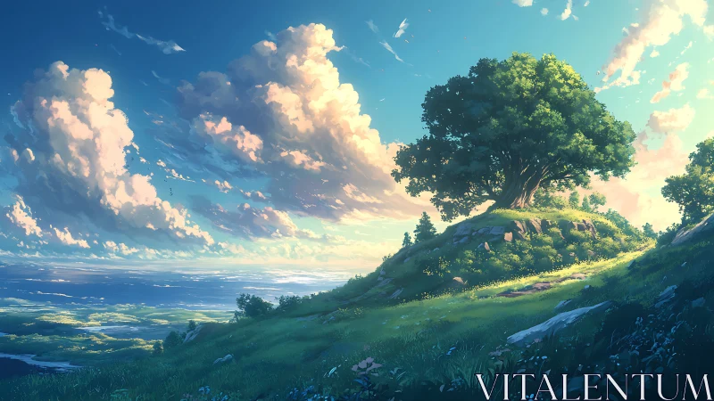 Sunlit hilltop tree overlooks a serene, dreamlike valley