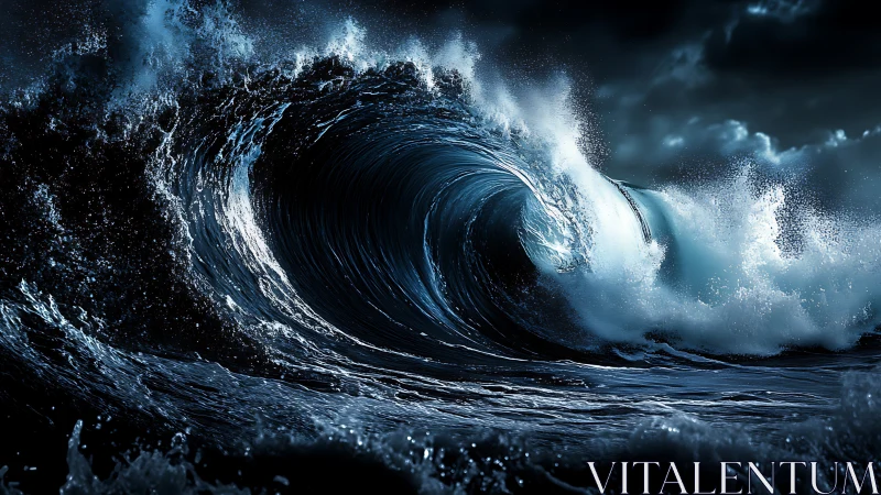 Turbulent midnight wave crest rendered in hyperreal detail