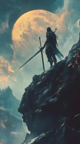 Solitary cloaked swordsman stands on jagged cliff below moon