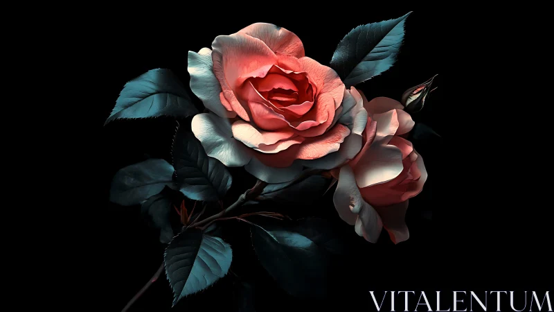 Luminous coral roses bloom against darkness with grace