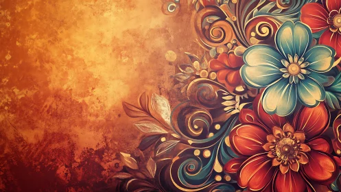 Whirling painted blossoms spill warmth across burnt gold