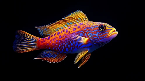 Neon tropical reef fish portrait on pure black background