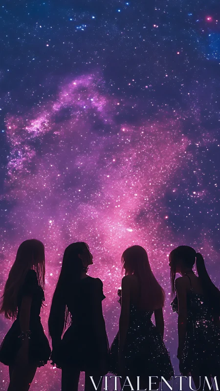 Silhouetted girls stand under radiant violet galaxy sky