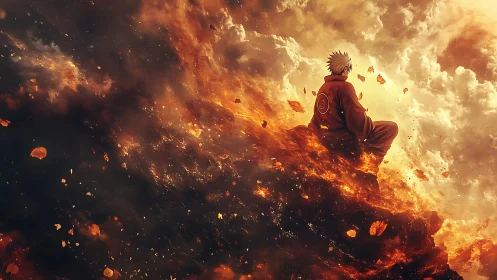Solitary anime warrior sits amid swirling fiery clouds.