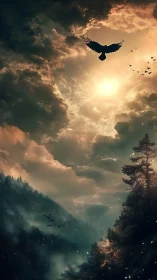 Eagle silhouette crosses stormlit sun over misty forest