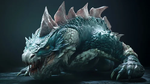 Reptilian creature with spiked dorsal plates in low light.