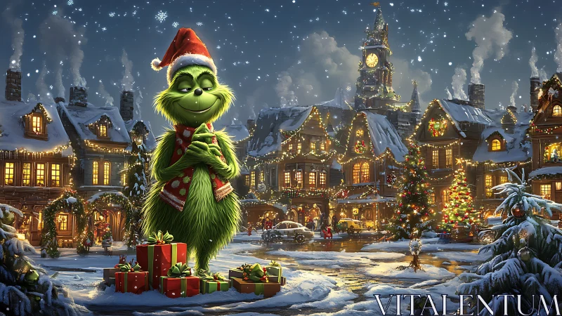 Grinch in a glowing Christmas village embraces festive warmth