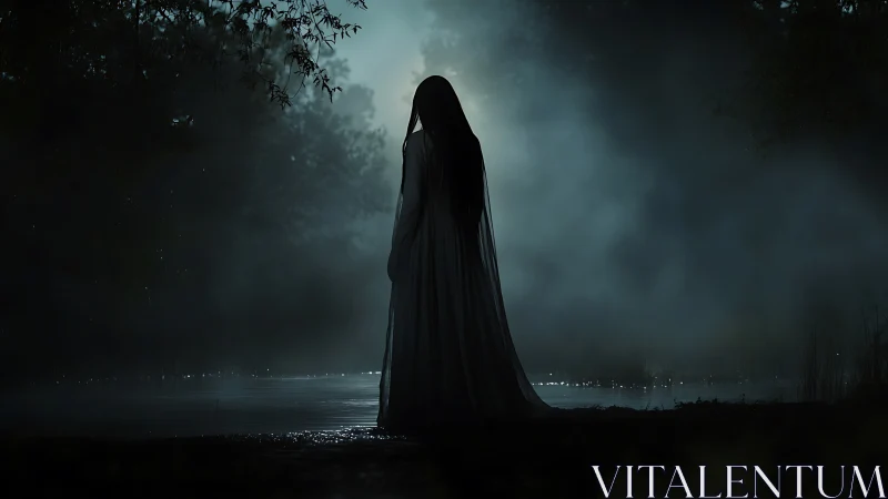 Backlit robed silhouette stands by misty lakeshore in nocturnal haze