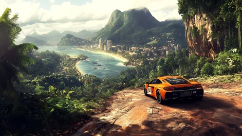 Orange supercar overlooking tropical coastal city.