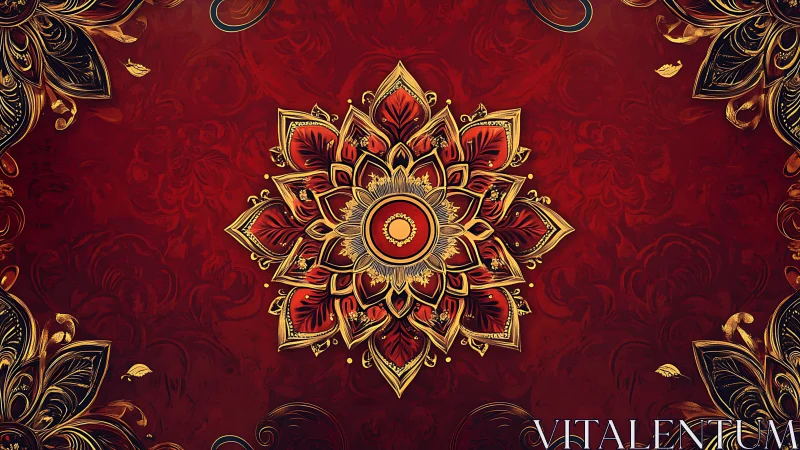 Golden mandala blooms like a sunburst over deep crimson silk
