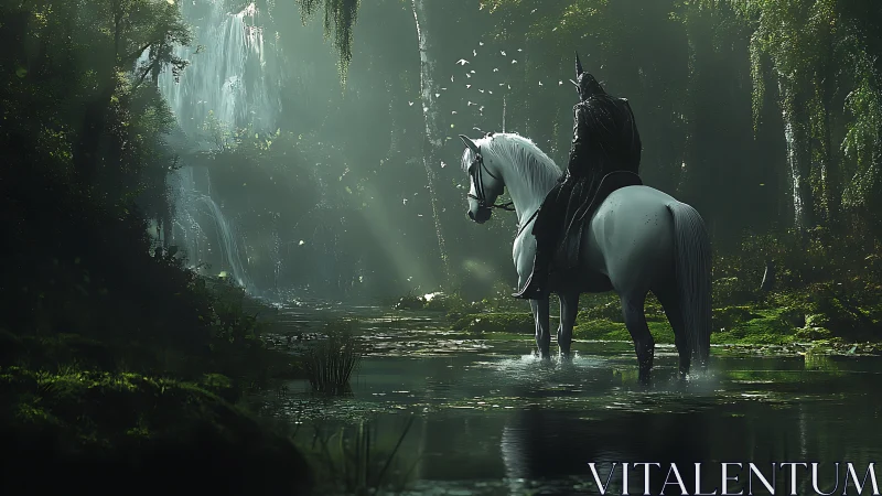 Dark knight on white horse crossing misty forest stream.